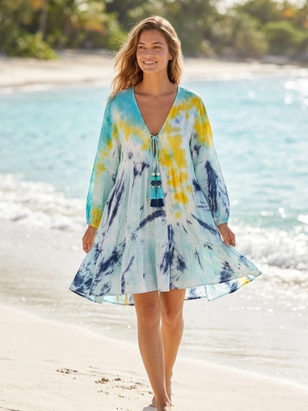Young Fabulous & Broke | Tie-Dye Tassel V-Neck Boho Dress Sz M